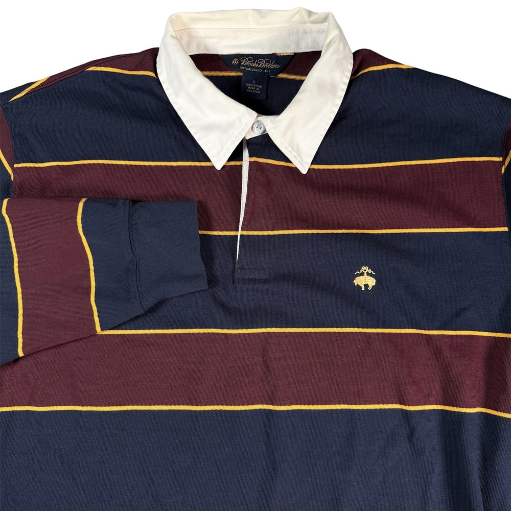 Brooks Brothers Striped Rugby Shirt Mens L Navy Burgundy Gold Preppy Long Sleeve